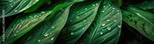 Close-up of lush green leaves covered in fresh raindrops, showcasing the beauty of nature and capturing the essence of freshness and vitality.