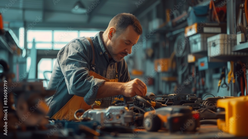 a man working on a car in a garage
a man working on a car in a garage
