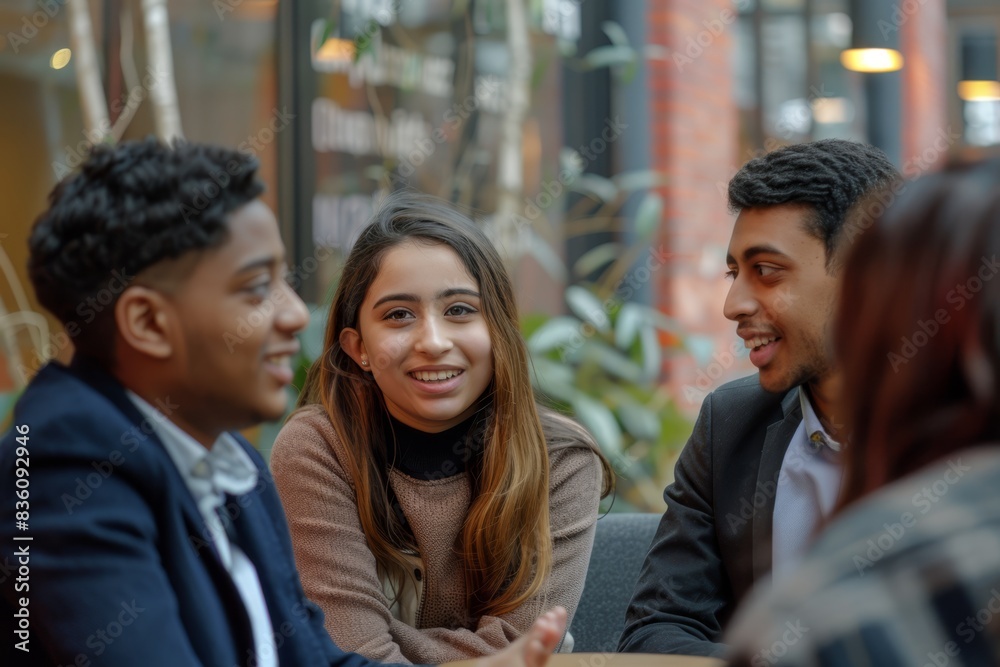 four young people sitting at a table talking
four young people sitting at a table talking