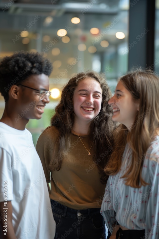 three young people smiling and laughing together
