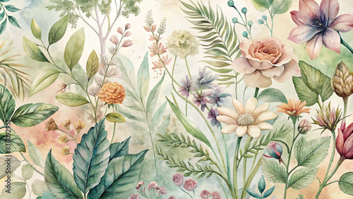 Wallpaper Mural Watercolor background featuring flowers and lush plants Torontodigital.ca