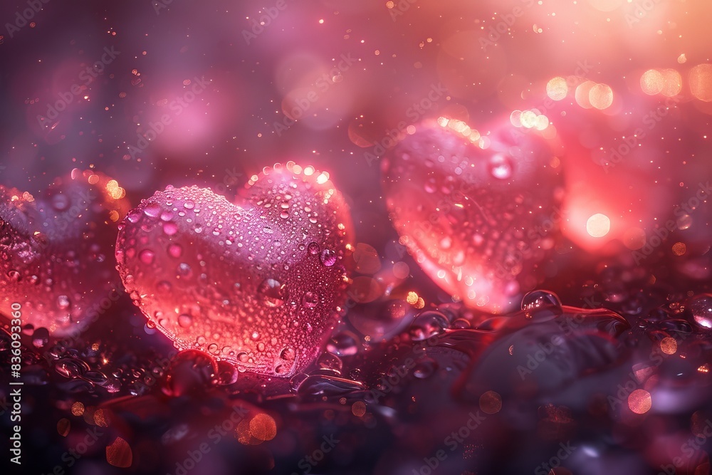 Close-up image capturing the beauty of rain-soaked heart shapes glistening on a reflective, vibrant surface amidst a shower of light Close-up image capturing the beauty of rain-soaked heart shapes glistening on a reflective, vibrant surface amidst a shower of light