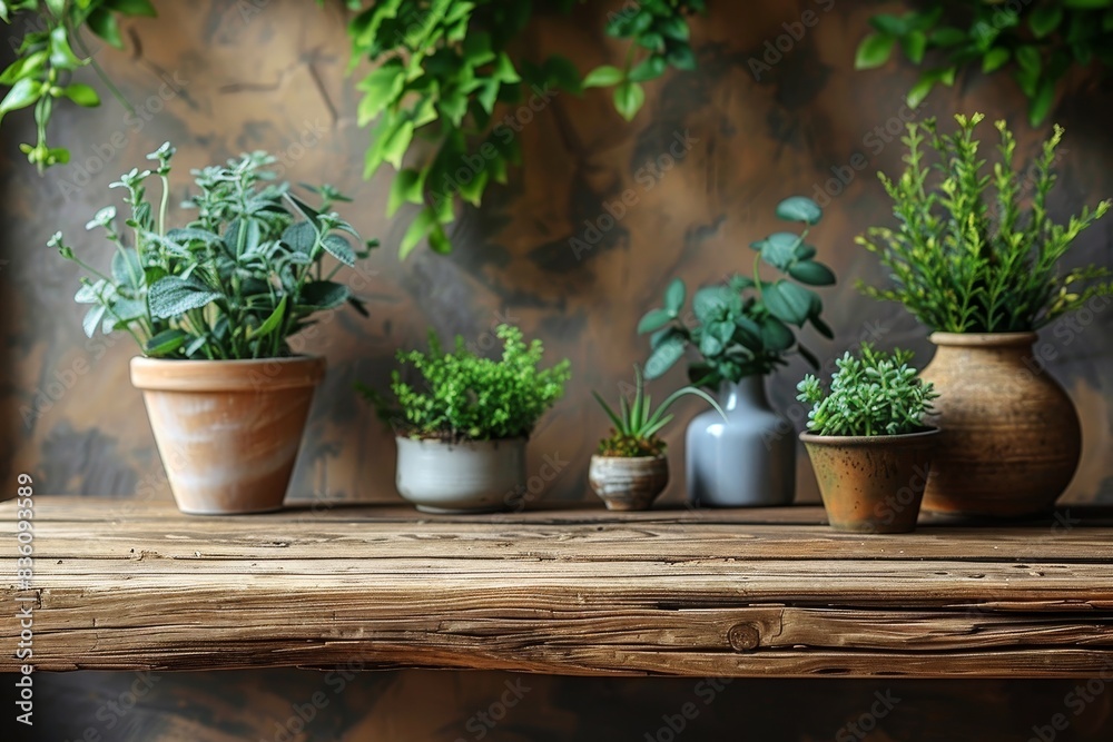 An array of indoor plants in different clay pots positioned on a rustic wooden table against a textured background An array of indoor plants in different clay pots positioned on a rustic wooden table against a textured background