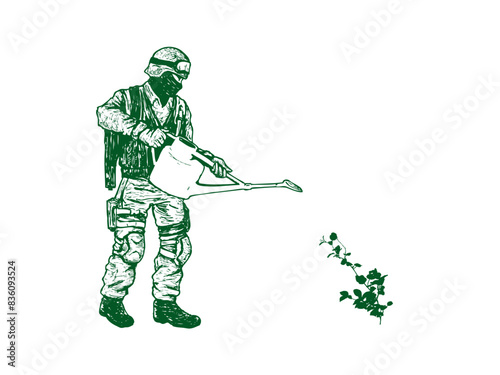 じょうろを構えて水遣りをする兵士_イラスト