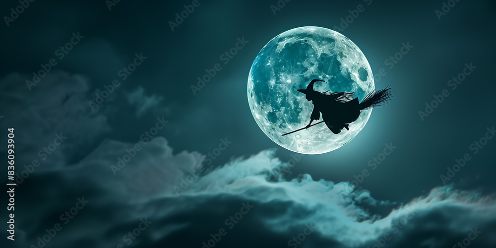 A witch flying on a broomstick across a full moon.