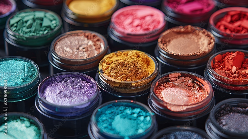 A close-up shot of a variety of colorful makeup pigments and powders in small jars, arranged in a visually appealing pattern. Generative AI A close-up shot of a variety of colorful makeup pigments and powders in small jars, arranged in a visually appealing pattern. Generative AI