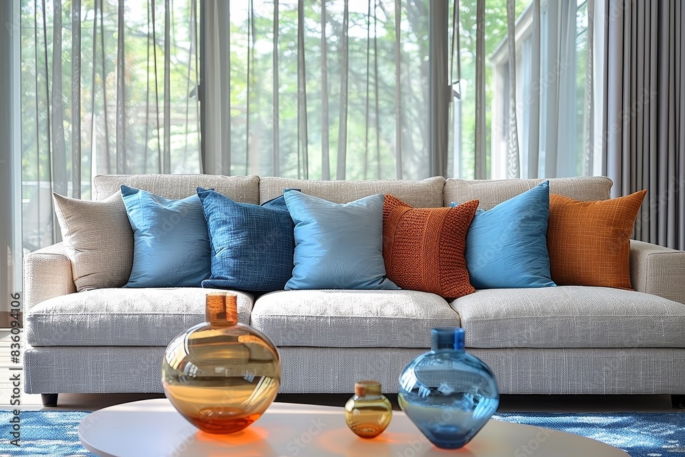 A contemporary living room setup showcasing a sofa adorned with colorful pillows and chic table decor A contemporary living room setup showcasing a sofa adorned with colorful pillows and chic table decor