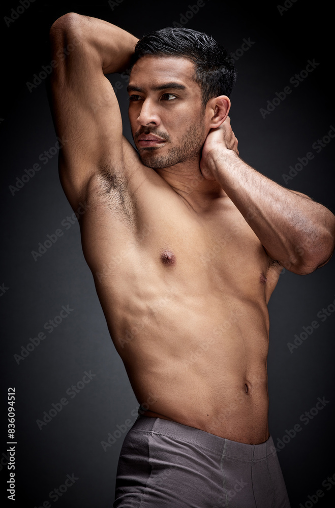 Fitness, asian man and body builder flexing abs and strong torso for exercise goal isolated in studio. Health, thinking and male person with stomach muscles from calisthenic training and workout Fitness, asian man and body builder flexing abs and strong torso for exercise goal isolated in studio. Health, thinking and male person with stomach muscles from calisthenic training and workout