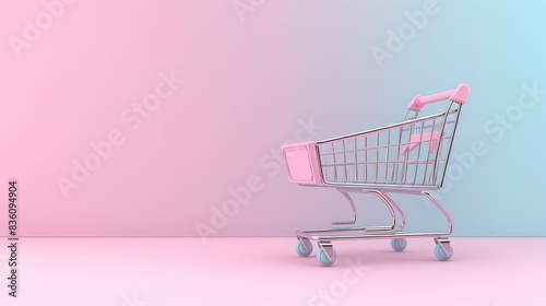 Minimalistic shopping cart against pastel pink and blue background, representing modern retail and online shopping trends.