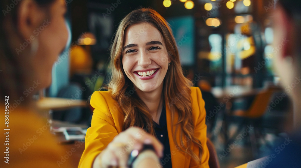 Cheerful Businesswoman Sealing A Successful Deal With A Celebratory Handshake In A Meeting, Showcasing Leadership, Teamwork, And Potential Use In Corporate Branding Or Training Materials. Cheerful Businesswoman Sealing A Successful Deal With A Celebratory Handshake In A Meeting, Showcasing Leadership, Teamwork, And Potential Use In Corporate Branding Or Training Materials.
