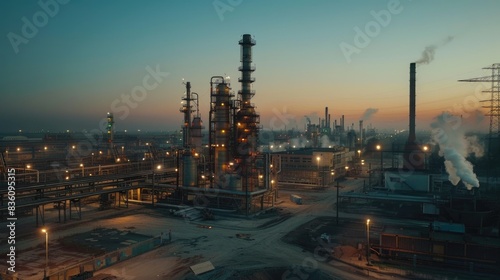 a long wide eye view shot of Industrial zone background, empty foreground, factories, construction lights, heavy machine, afternoon, clear sky 