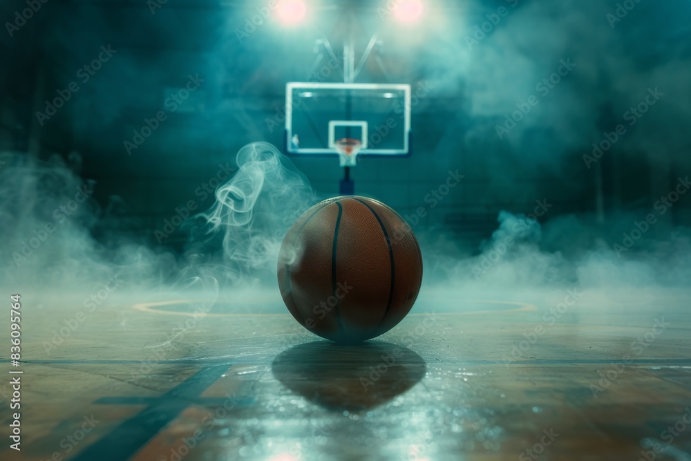 Obraz premium Basketball in fog on empty court under spotlights