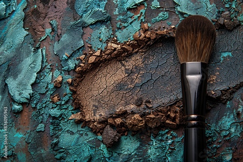 A detailed image captures a makeup brush on a textured surface with cracked, peeling paint photo