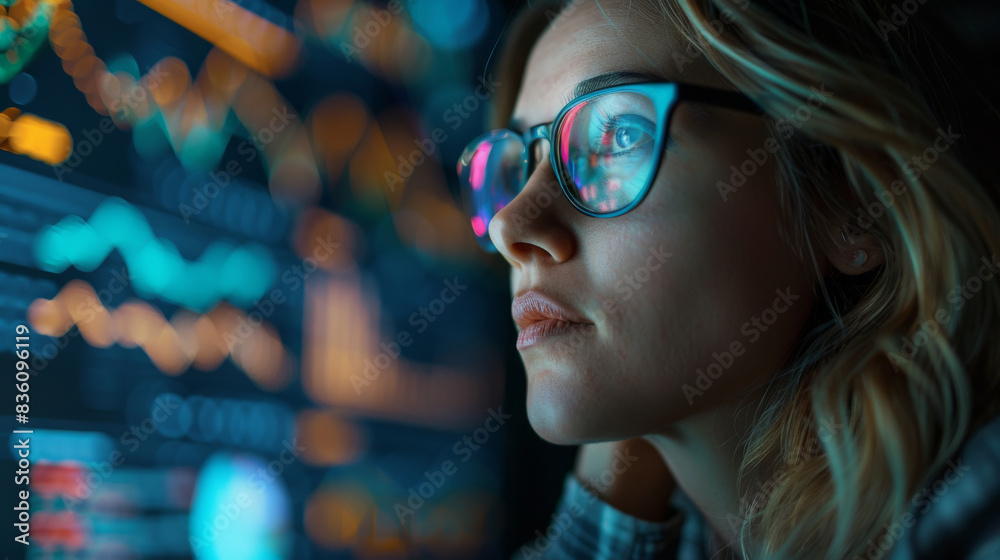 Close-up of a woman wearing glasses, intensely analyzing data charts and graphs displayed on a computer screen. Close-up of a woman wearing glasses, intensely analyzing data charts and graphs displayed on a computer screen.