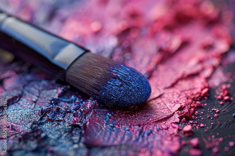Macro shot of a makeup brush with striking blue pigment against a textured backdrop Macro shot of a makeup brush with striking blue pigment against a textured backdrop