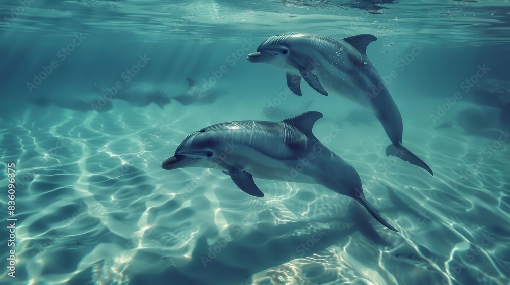 Fototapeta premium Dolphins swimming in a tranquil lagoon, their gentle movements creating ripples on the water's surface as they navigate their underwater world.