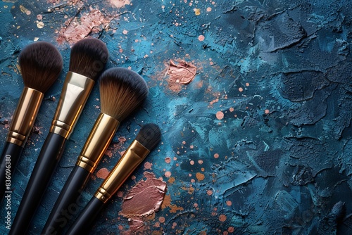 Close-up of high-end cosmetic brushes with gold ferules on an artistic, blue textured background littered with makeup