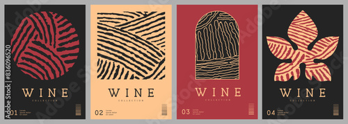 Set of modern line art magazine covers or posters with abstract wine textures. Restaurant menu design. Vector illustration