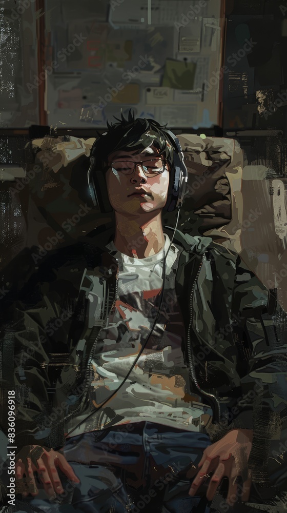 Young man in headphones relaxing on public transport Young man in headphones relaxing on public transport
