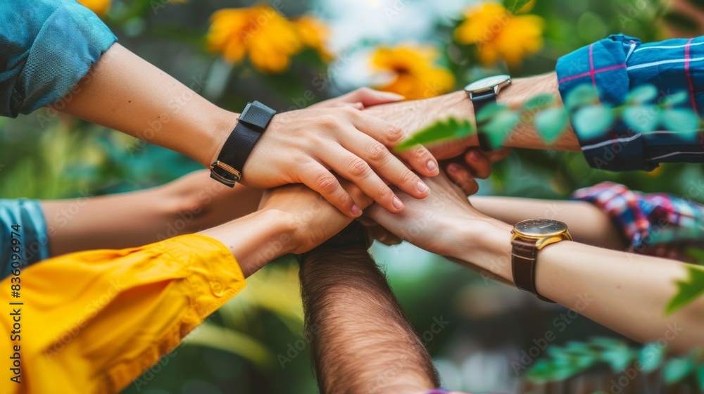 Hands of several people clasped together in a gesture of unity and ...