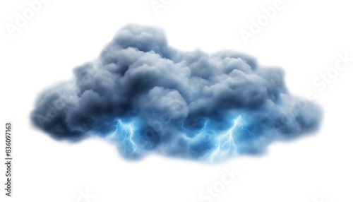 Dramatic thunderstorm cloud with vivid lightning isolate on transparent background, cutout, png