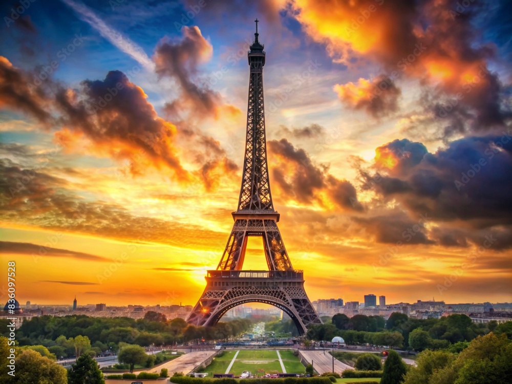 Eiffel tower with sunset clouds