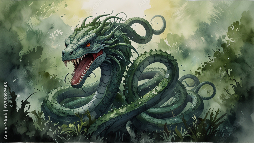 Obraz premium Watercolor painting: A hydra reproducing through budding, its simple body plan and regenerative abilities a fascinating subject in biology,