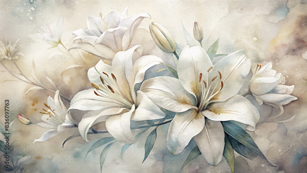 Beautiful white lily watercolor background Beautiful white lily watercolor background