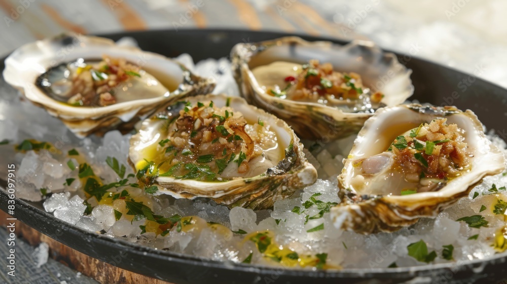 Oysters served on a half-shell with a squeeze of lemon and a drizzle of mignonette sauce, presenting a gourmet appetizer. Oysters served on a half-shell with a squeeze of lemon and a drizzle of mignonette sauce, presenting a gourmet appetizer.