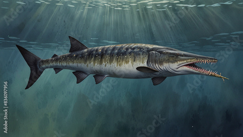 Watercolor painting: A paddlefish using its sensitive rostrum to detect prey, its prehistoric appearance and unique adaptations a captivating subject.