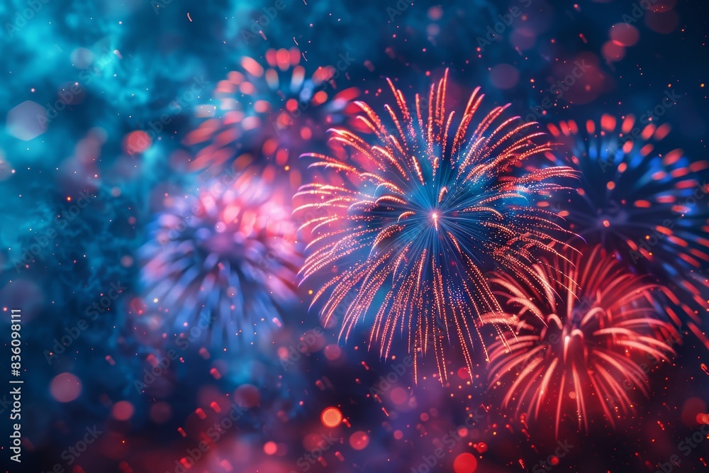 Dazzling fireworks with vibrant red and blue hues bursting against a dark night sky backdrop Dazzling fireworks with vibrant red and blue hues bursting against a dark night sky backdrop