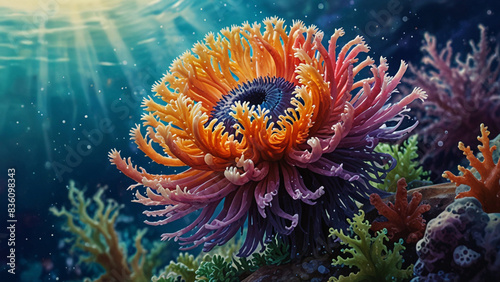 Watercolor painting: A sea anemone swaying with the current, its stinging tentacles and vibrant colors a captivating sight,