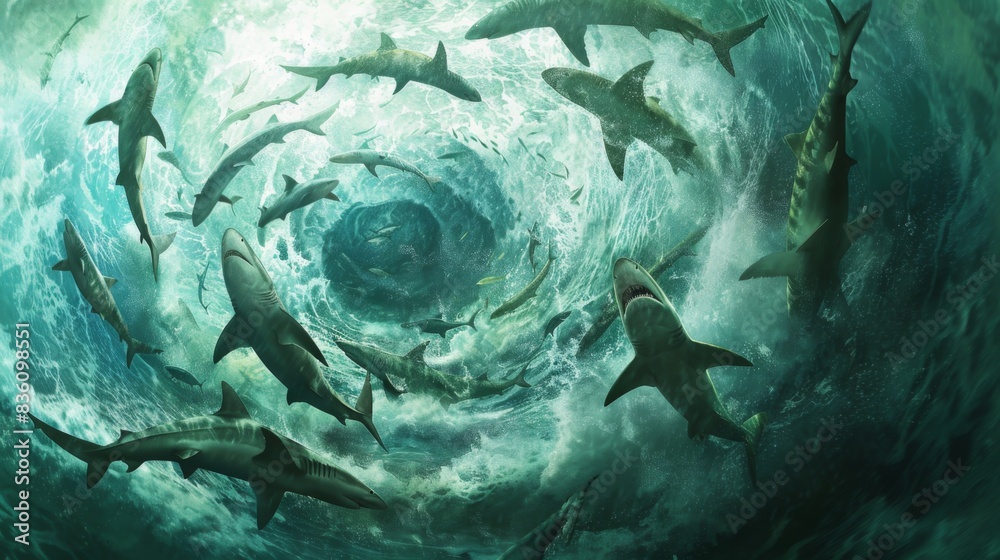 Sharks circling a bait ball in open ocean waters, illustrating their role as apex predators in the marine food chain. Sharks circling a bait ball in open ocean waters, illustrating their role as apex predators in the marine food chain.