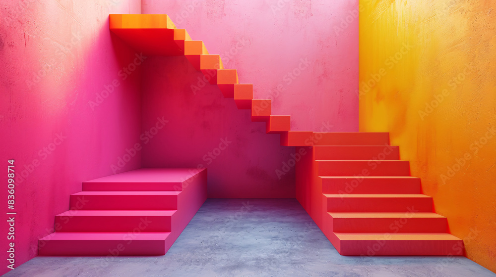 3D illustration of a modern, pastel stairway and geometric shapes, set against a clean blue backdrop 3D illustration of a modern, pastel stairway and geometric shapes, set against a clean blue backdrop