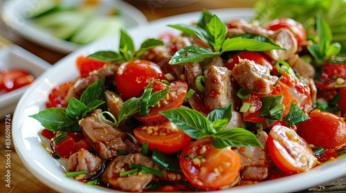 A beautifully arranged dish of featuring tender pork blood  tomatoes  and fresh herbs.