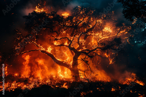 a forest fire, burning trees and bushes. conflagration, wildfire. Generative AI