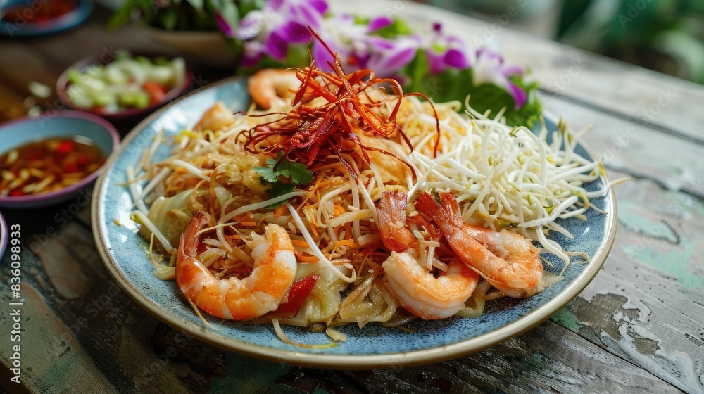 A beautifully arranged plate of garnished with dried red kapok flowers and served with fresh cabbage and bean sprouts.