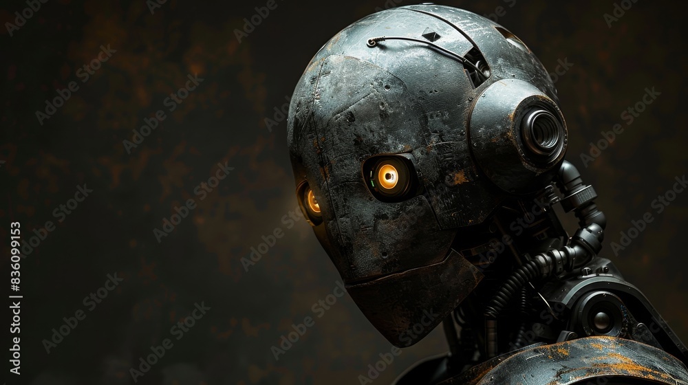 Close-up portrait of a weathered robotic head with glowing yellow eyes. Close-up portrait of a weathered robotic head with glowing yellow eyes.