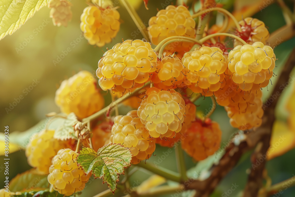 Harvest of sweet ripe yellow raspberries against a background of green leaves. Berry picking concept.