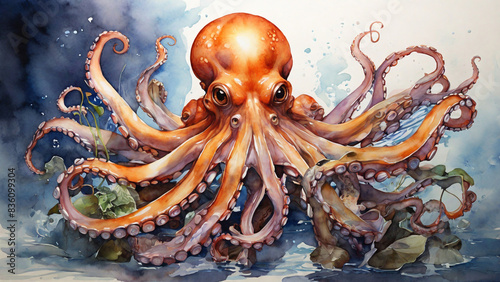 Watercolor painting: An octopus changing color to blend with its environment, its unmatched camouflage abilities a marvel of nature,