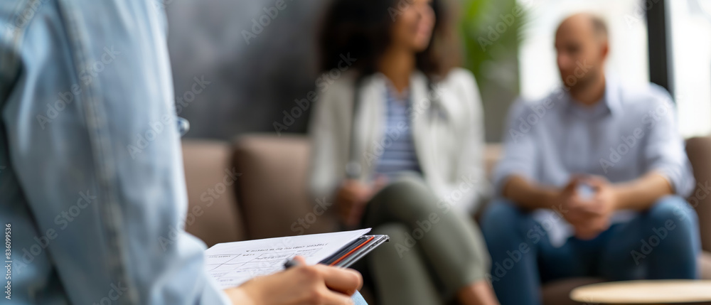 This image shows a couple in a psychologists office during a therapy session. The therapist is taking notes, while the couple sits in the foreground, out of focus. Their body language suggests they