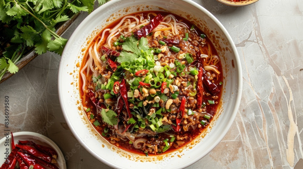 A bowl of featuring rice noodles, rich sauce, and garnished with fried dried chilies and fresh vegetables.