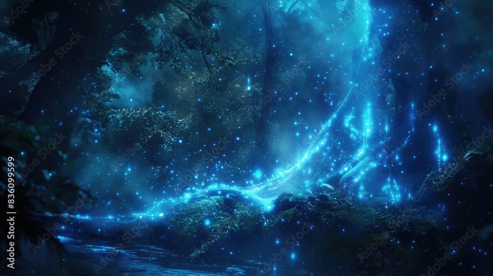 Image of bioluminescence in nature dark blue magic blue light flashes and sparkling particles effect background Image of bioluminescence in nature dark blue magic blue light flashes and sparkling particles effect background