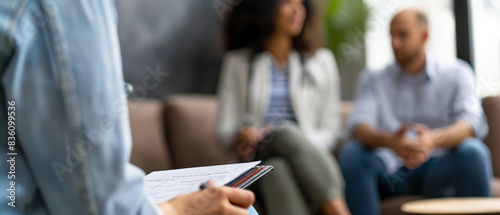 Obraz na płótnie This image shows a couple in a psychologists office during a therapy session. The therapist is taking notes, while the couple sits in the foreground, out of focus. Their body language suggests they w salonie