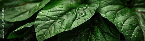 Close-up of fresh, green leaves with water droplets, showcasing nature's beauty and vibrant foliage in a lush, natural setting.