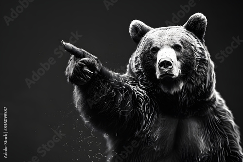 Animated dancing bear pointing at the camera with one paw sketch engraving generative ai image. Scratch board imitation in black and white.