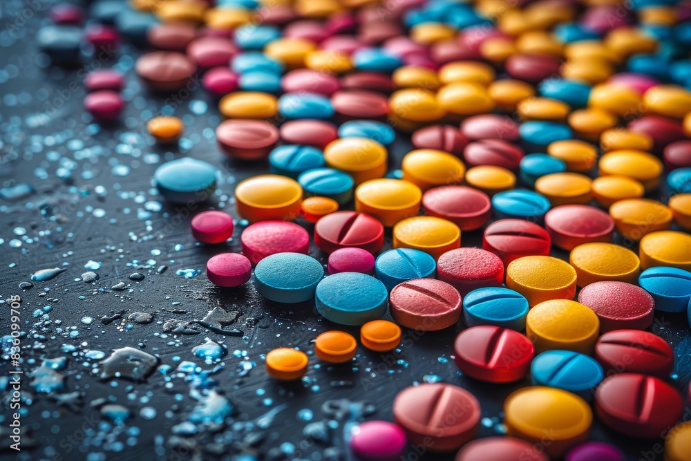Raindrops on multicolored pills spread over a black background, suggesting medicine in a wet environment Raindrops on multicolored pills spread over a black background, suggesting medicine in a wet environment