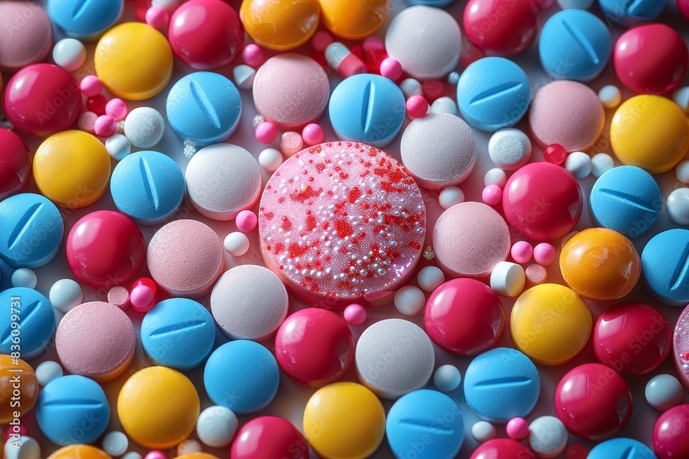 A visually striking composition of various pills creating an aesthetically appealing pattern on a pink surface A visually striking composition of various pills creating an aesthetically appealing pattern on a pink surface