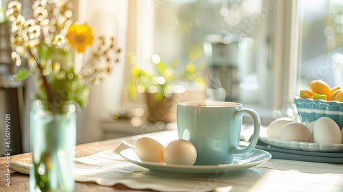 A bright kitchen table with a steaming mug of coffee and a plate of soft-boiled eggs, perfect for a morning start. © chanidapa