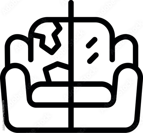 Minimalist line art vector illustration of a damaged leather sofa icon for interior design and furniture concepts in black and white